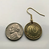 1996 Germany Deutschland 10 Pfennig coin earrings oak seedling tree planting gardening Berlin Hamburg Munich Cologne Frankfurt Stuttgart Düsseldorf Bavaria Dortmund Leipzig Bremen Dresden Bonn e000470
