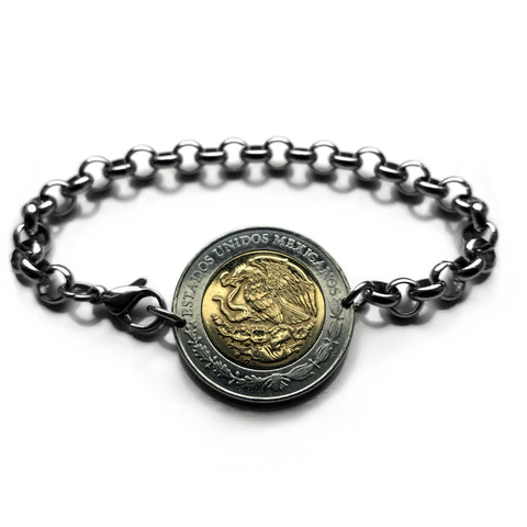 2018 Mexico 5 Pesos coin rolo link bracelet Mexican golden eagle Puebla Oaxaca Juárez Morelia Chiapas Tijuana León Monterrey Culiacán Veracruz Yucatán Jalisco Acapulco Cancun Cuernavaca Pachuca Durango Sinaloa Ecatepec Chihuahua Zócalo Aztec b000106