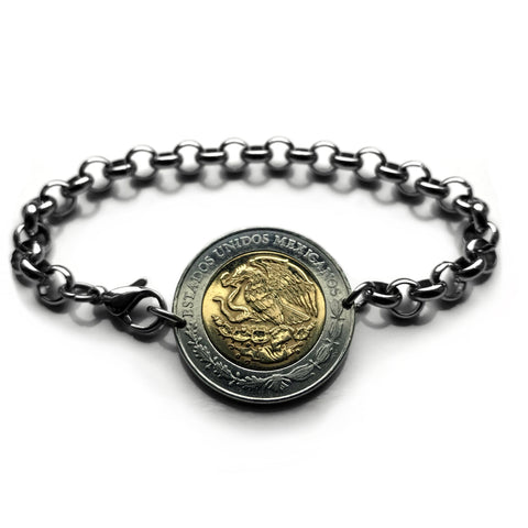 2015 Mexico 5 Pesos coin rolo link bracelet Mexican golden eagle Puebla Oaxaca Juárez Morelia Chiapas Tijuana León Monterrey Culiacán Veracruz Yucatán Jalisco Acapulco Cancun Cuernavaca Pachuca Durango Sinaloa Ecatepec Chihuahua Zócalo Aztec b000106