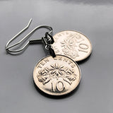 1986 Singapore Singapura 10 Cents coin earrings Star Jasmine flower Bedok Lion City Yishun Choa Chu Kang Punggol Ang Mo Kio Bukit Batok Chinese e000008