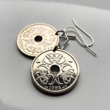 Denmark Danmark 2 Kroner coin dangle drop earrings jewelry Danish royal crown initial M Dane Copenhagen Aarhus Odense Aalborg Esbjerg Randers Jutland Viking Norsemen Scandinavia Nordic Zealand e000488