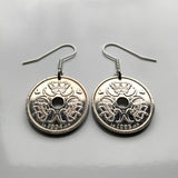Denmark Danmark 2 Kroner coin dangle drop earrings jewelry Danish royal crown initial M Dane Copenhagen Aarhus Odense Aalborg Esbjerg Randers Jutland Viking Norsemen Scandinavia Nordic Zealand e000488