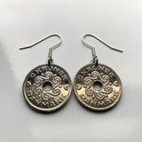 Denmark Danmark 2 Kroner coin dangle drop earrings jewelry Danish royal crown initial M Dane Copenhagen Aarhus Odense Aalborg Esbjerg Randers Jutland Viking Norsemen Scandinavia Nordic Zealand e000488