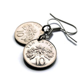 1986 Singapore Singapura 10 Cents coin earrings Star Jasmine flower Bedok Lion City Yishun Choa Chu Kang Punggol Ang Mo Kio Bukit Batok Chinese e000008