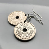 Denmark Danmark 2 Kroner coin dangle drop earrings jewelry Danish royal crown initial M Dane Copenhagen Aarhus Odense Aalborg Esbjerg Randers Jutland Viking Norsemen Scandinavia Nordic Zealand e000488