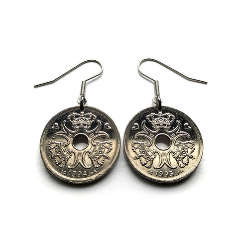 Denmark Danmark 2 Kroner coin dangle drop earrings jewelry Danish royal crown initial M Dane Copenhagen Aarhus Odense Aalborg Esbjerg Randers Jutland Viking Norsemen Scandinavia Nordic Zealand e000488
