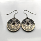 Denmark Danmark 2 Kroner coin dangle drop earrings jewelry Danish royal crown initial M Dane Copenhagen Aarhus Odense Aalborg Esbjerg Randers Jutland Viking Norsemen Scandinavia Nordic Zealand e000488