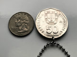 Portugal 50 Escudos coin pendant necklace Portuguese caravela ship Quinas Lisbon Porto Braga Sintra Coimbra Faro Lagoa Algarve Praia da Marinha Vasco da Gama navigator sail ocean sea n000366