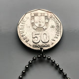 Portugal 50 Escudos coin pendant necklace Portuguese caravela ship Quinas Lisbon Porto Braga Sintra Coimbra Faro Lagoa Algarve Praia da Marinha Vasco da Gama navigator sail ocean sea n000366