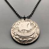 Portugal 50 Escudos coin pendant necklace Portuguese caravela ship Quinas Lisbon Porto Braga Sintra Coimbra Faro Lagoa Algarve Praia da Marinha Vasco da Gama navigator sail ocean sea n000366