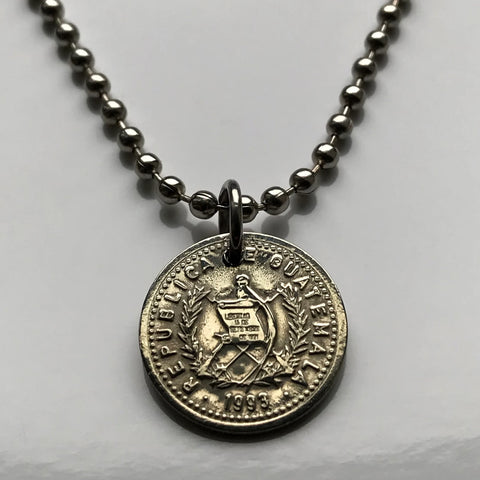 1993 Guatemala 5 Centavos coin pendant Guatemalan Resplendent quetzal bird Mixco Villa Nueva Escuintla Huehuetenango Jutiapa Petapa Tikal Quiriguá Maya Guate Ladino Guatemalteco Cobán Quetzaltenango Jalapa Kʼicheʼ people Alta Verapaz Chapín n002515