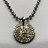 1993 Guatemala 5 Centavos coin pendant Guatemalan Resplendent quetzal bird Mixco Villa Nueva Escuintla Huehuetenango Jutiapa Petapa Tikal Quiriguá Maya Guate Ladino Guatemalteco Cobán Quetzaltenango Jalapa Kʼicheʼ people Alta Verapaz Chapín n002515