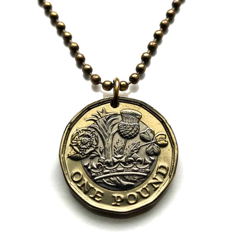 2016 United Kingdom Great Britain 1 Pound coin pendant English Tudor rose England Welsh leek Wales Scottish thistle Scotland Irish shamrock Northern Ireland British crown Queen Elizabeth II London Cardiff Edinburgh Belfast Manchester Bristol Derry n002257