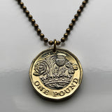 2016 United Kingdom Great Britain 1 Pound coin pendant English Tudor rose England Welsh leek Wales Scottish thistle Scotland Irish shamrock Northern Ireland British crown Queen Elizabeth II London Cardiff Edinburgh Belfast Manchester Bristol Derry n002257