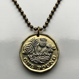2016 United Kingdom Great Britain 1 Pound coin pendant English Tudor rose England Welsh leek Wales Scottish thistle Scotland Irish shamrock Northern Ireland British crown Queen Elizabeth II London Cardiff Edinburgh Belfast Manchester Bristol Derry n002257