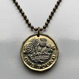 2016 United Kingdom Great Britain 1 Pound coin pendant English Tudor rose England Welsh leek Wales Scottish thistle Scotland Irish shamrock Northern Ireland British crown Queen Elizabeth II London Cardiff Edinburgh Belfast Manchester Bristol Derry n002257
