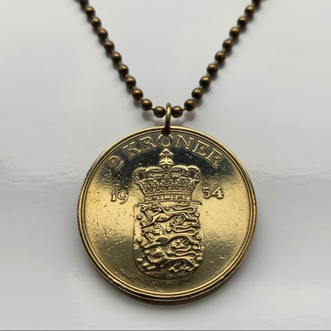 1954 Denmark Danmark 2 Kroner coin pendant Danish crown blue lions rigsvaben Copenhagen Aarhus Odense Aalborg Esbjerg Randers Danes n003617