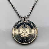 1971 East Germany Deutschland 5 Mark coin pendant Brandenburg gate Berlin wall Leipzig Dresden Chemnitz soviet communist socialist n003622