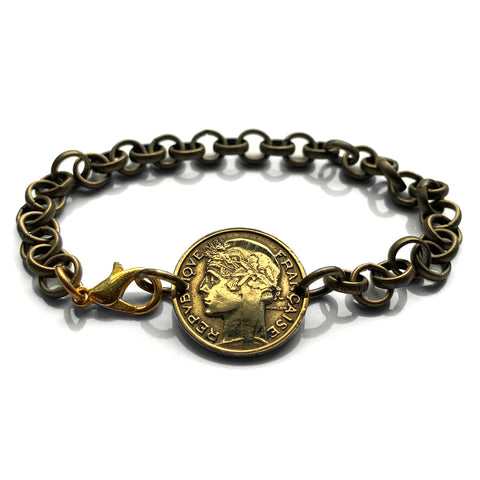 1936 France 50 Centimes French coin rolo link bracelet fashion jewelry Marianne Phrygian cap Paris Marseille Lyon Toulouse Le Havre Bordeaux Nice Strasbourg Carcassonne Nantes Lille Montpellier Dijon Rennes Reims Avignon Metz Toulon Angers Dijon b000121