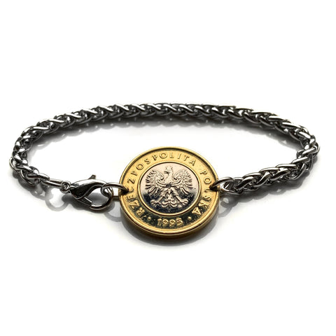 1995 Poland Polska 2 Zlote Stainless Steel Wheat Braided Chain coin bracelet white Polish eagle Warsaw Krakow Lodz Wrocław Poznan Gdansk Szczecin Bydgoszcz Lublin Katowice Polak Polans Poles Slavs Zakopane Oswiecim Kolobrzeg b000029