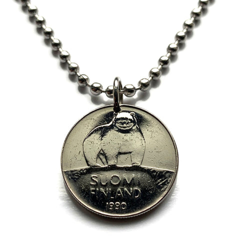 1990 Finland Suomi 50 Pennia coin pendant Finnish brown bear national animal Helsinki Espoo Tampere Vantaa Oulu Turku Jyväskylä Kuopio Lahti Finns Finnic Sami Pori Kouvola Joensuu Lappeenranta Hämeenlinna Vaasa Porvoo Nordic Fennoscandia Baltic n000844