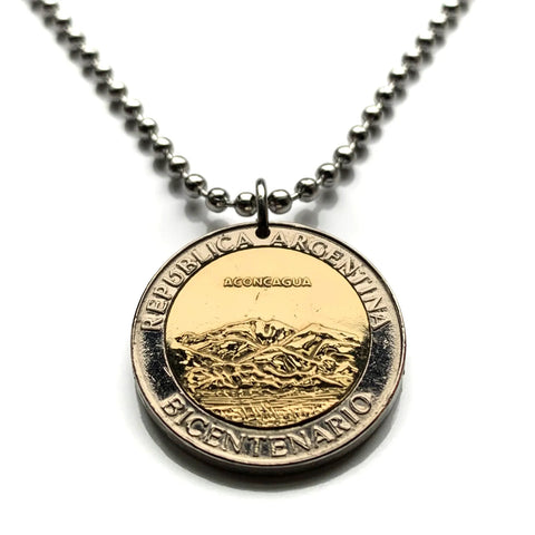 2010 Argentina 1 Peso coin pendant Aconcagua mountains Las Heras Principal Cordillera Seven Summits Andes Mendoza Cuyo San Juan La Rioja Valle de las Vacas Cordón de los Dedos glaciar de Polacos glaciers Camp berlin Camp Colera Nido de Cóndores n000832