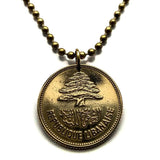 1952 Lebanon Liban 25 Piastres coin pendant Lebanese cedar tree Beirut Tripoli Aley Jounieh Anjar Bsharri Zahlé Sidon Byblos Tyre Nabatieh Badaro Baabda Batroun The Levant Middle East Phoenician Levantine arabic Beqaa Valley Cedars of God n001042