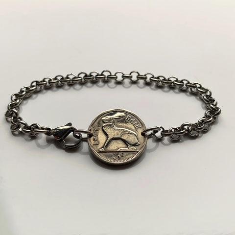 1963 Ireland Éire 3 Pence coin bracelet jewelry Irish rabbit hare bunny Celtic harp Cláirseach Gaelic Dublin Cork Limerick Galway Waterford Cliffs of Moher Connacht Leinster Munster Carlow Guinness Hibernia Swords St Patrick's Day Drogheda Ulster b000048