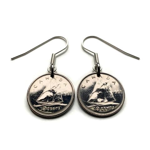 1968 Canada 10 Cents handmade coin pendant Bluenose racing ship fishing vessel gaff sailing rig Canadian schooner Lunenburg Nova Scotia Mi'kma'ki Ottawa Montreal Quebec Toronto Ontario Vancouver Calgary British Columbia Alberta New Brunswick e000637