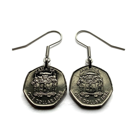 Jamaica 1 Dollar coin earrings crocodile alligator pineapples Kingston Portmore Spanish Town Montego Bay May Pen Mandeville Old Harbour Savanna-la-Mar Ocho Ríos Jamrock Jamdung Jamaican Patois Rastafari Reggae Bob Marley dub ska Ackee fruit e000656
