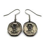 Jamaica 1 Dollar coin earrings crocodile alligator pineapples Kingston Portmore Spanish Town Montego Bay May Pen Mandeville Old Harbour Savanna-la-Mar Ocho Ríos Jamrock Jamdung Jamaican Patois Rastafari Reggae Bob Marley dub ska Ackee fruit e000656