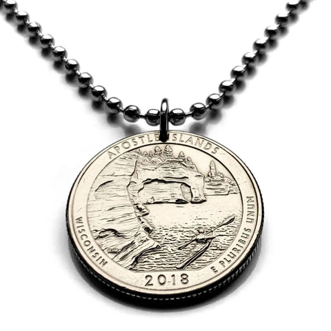 2018 USA Quarter 25 Cents coin pendant Sea caves Devils Island kayaking Apostle Islands Ashland Wisconsin Lake Superior Bayfield n003880