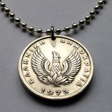 1973 Greece Hellas 5 Drachmai coin pendant Pegasus flying horse Phoenix Athens Thessaloniki Patras Mykonos Sparta Rhodes Corinth Larissa Santorini Corfu Crete Delphi Thebes Arcadia Argos Kos n001384