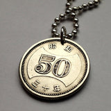 1956 Japan Nippon 50 Yen coin pendant Chrysanthemum blossom flower plant Tokyo Japanese jewelry Yokohama Kobe Osaka Sapporo Nagoya Fukuoka Saitima Kyoto Sendai Okinawa Chiba Hiroshima Niigata n000089
