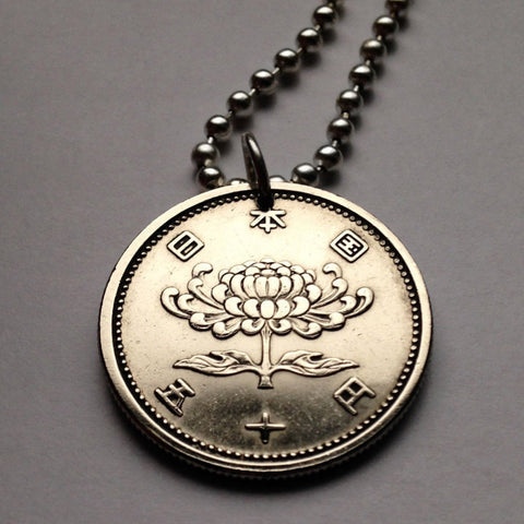 1956 Japan Nippon 50 Yen coin pendant Chrysanthemum blossom flower plant Tokyo Japanese jewelry Yokohama Kobe Osaka Sapporo Nagoya Fukuoka Saitima Kyoto Sendai Okinawa Chiba Hiroshima Niigata n000089