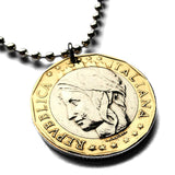 Italy Italia 1000 Lire coin pendant necklace Italian jewelry lady Turrita mural crown towers Rome Milan Venice Florence Palermo Verona Bologna Modena Ferrara Genoa Napoli Torino Cagliari Sorrento Matera Lecce Capri Perugia Bergamo Catania n000278