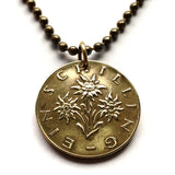Austria Österreich 1 Schilling coin pendant necklace jewelry Edelweiss flower Vienna Alpine plant daisy sunflower Salzburg Graz Linz Innsbruck Klagenfurt Villach Tyrol Styria Carinthia Sankt Pölten Wels n000443