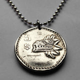 1980 Mexico 5 Pesos coin pendant necklace jewelry Aztec Quetzalcoatl feathered serpent god Teotihuacan Nahuatl K'iche' Maya Xochicalco Gukumatz calzada de los muertos Kukulkan pyramid Tohil Yucatán Mexican golden eagle n001629