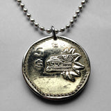 1980 Mexico 5 Pesos coin pendant necklace jewelry Aztec Quetzalcoatl feathered serpent god Teotihuacan Nahuatl K'iche' Maya Xochicalco Gukumatz calzada de los muertos Kukulkan pyramid Tohil Yucatán Mexican golden eagle n001629