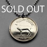 1990 Ireland Éire 1 Pound coin pendant necklace jewelry red deer stag hart hind Irish Celtic harp cláirseach Dublin Cork Limerick Waterford Galway Guinness Connacht Swords Dundalk Munster Goidels reindeer n001764