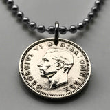 1949 United Kingdom Great Britain 6 Pence coin pendant initial G R British King George VI London England Scotland Wales Northern Ireland Belfast Edinburgh Birmingham Cardiff Sheffield Liverpool Glasgow Leeds Swansea Newcastle Derry York Kent n002135