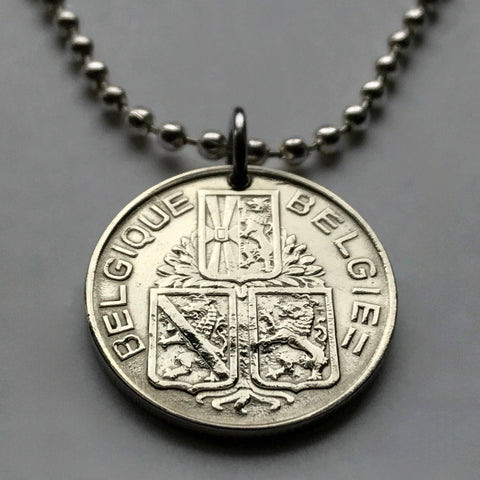 1939 Belgium 1 Franc coin pendant World War 2 Belgian lion West Flanders Namur Limbourg Brussels Antwerp Bruges Ghent Liege Mons Charleroi Flemish French Dutch High Fens Ostend Ypres Wallonia n000290