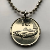 Iceland Ísland 1 Krona coin pendant cod fish Reykjavík Landvættir Eddas Íslendingasögur sagas Landnámabók Vík Skógar Grindavík n000524