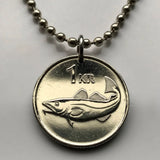 Iceland Ísland 1 Krona coin pendant cod fish Reykjavík Landvættir Eddas Íslendingasögur sagas Landnámabók Vík Skógar Grindavík n000524