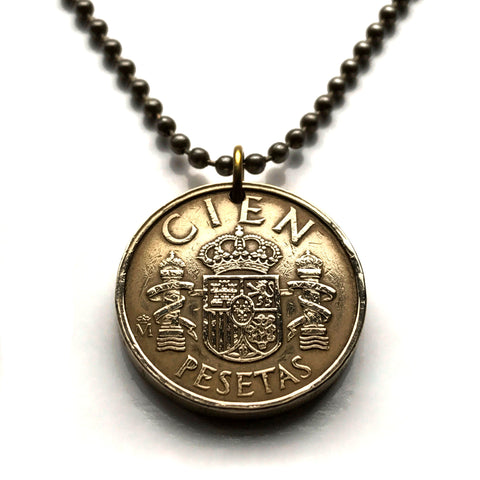 1985 Spain España 100 Pesetas coin pendant Castile Leon Aragon Navarre Granada Spanish crown Sevilla Malaga Granada Cataluña n000376