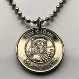 Iceland Ísland 1 Krona coin pendant cod fish Reykjavík Landvættir Eddas Íslendingasögur sagas Landnámabók Vík Skógar Grindavík n000524