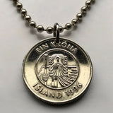 Iceland Ísland 1 Krona coin pendant cod fish Reykjavík Landvættir Eddas Íslendingasögur sagas Landnámabók Vík Skógar Grindavík n000524