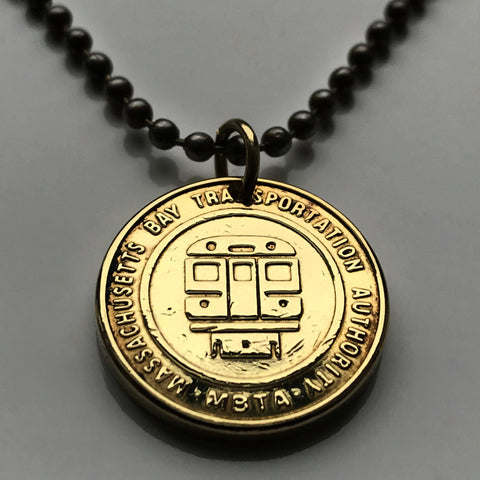 Boston MBTA Massachusetts Bay Transportation Authority token coin pendant necklace subway train bus transit transportation commuter rail initial T CharlieCard CharlieTicket Worcester Providence Lowell Cambridge Quincy Manchester Concord Harvard n001072