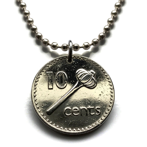 1987 Fiji 10 Cents coin pendant necklace jewelry throwing club ula tava tava Suva Ba Coral Coast South Pacific Polynesian UK British necklace n002281