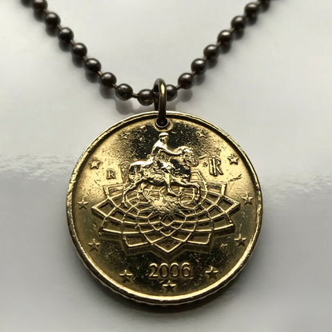 2002 Italy 50 Euro Cent coin pendant Marcus Aurelius horse statue Rome Italian jewelry Piazza del Campidoglio Michelangelo Milan Florence Venice Verona Genoa Palermo Bologna Torino Napoli Bari n002018